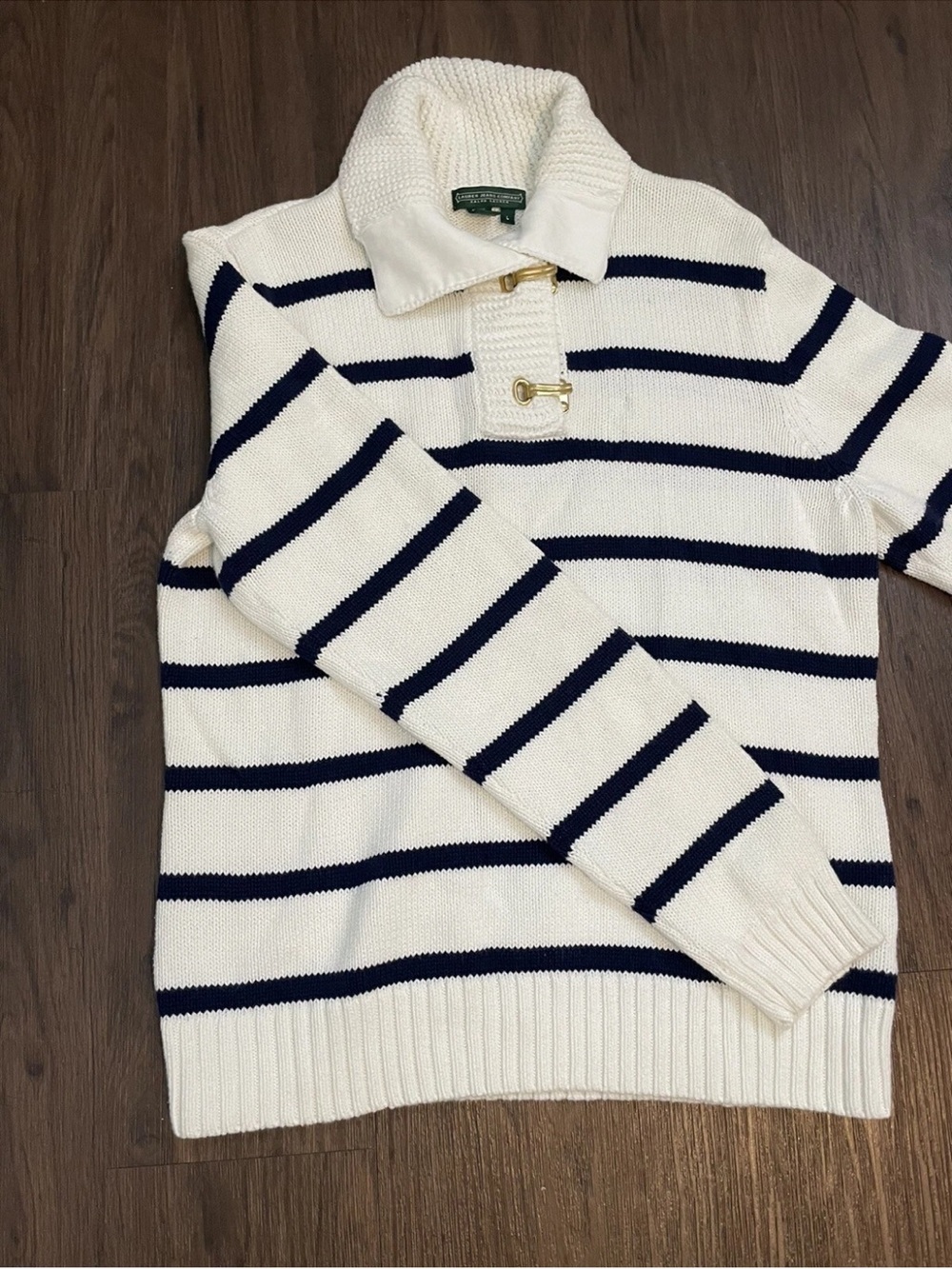 Ralph Lauren White & Navy Striped Polo-Collar Sweater - Picture 7 of 15